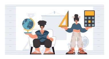 Bireysel ve enerjik kadın okulu dublörleri, okul dersleriyle başlamak için analiz ediyorlar. Moda tarzı, Vektör İllüstrasyonu