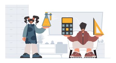 Bireysel ve enerjik kadın okulu dublörleri, okul dersleriyle başlamak için analiz ediyorlar. Moda tarzı, Vektör İllüstrasyonu