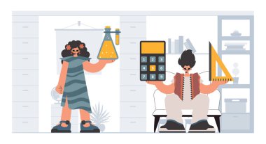 Okul arkadaşları ve genç bayan öğretmenler, temel okul konularını göz önünde bulunduruyorlar. Moda tarzı, Vektör İllüstrasyonu