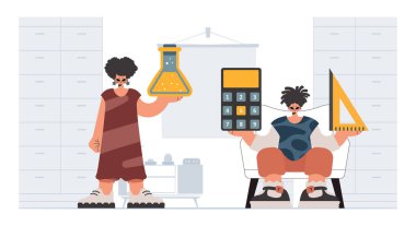 İlkokul öğrencileri göz önüne alındığında, bireysel ve genç kadın okulları eğitiyor. Moda tarzı, Vektör İllüstrasyonu