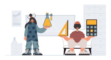 Temel okul konularını göz önünde bulundurursak, kişi ve genç bayan okulları öğretmenlik yapıyor. Moda tarzı, Vektör İllüstrasyonu