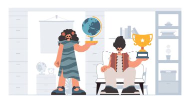 Özel ve enerjik kadın okul enstrümanı, seçkin okul deneklerini göz önünde bulundurursak. Moda tarzı, Vektör İllüstrasyonu