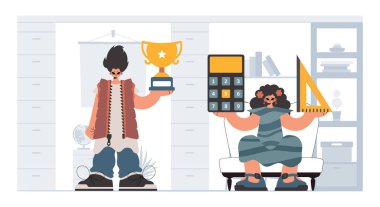 Önde gelen okul deneklerini göz önünde bulundurursak, enerjik bir bayan okul enstrümanı. Moda tarzı, Vektör İllüstrasyonu