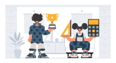 Önde gelen okul deneklerini göz önünde bulundurursak, enerjik bir bayan okul enstrümanı. Moda tarzı, Vektör İllüstrasyonu