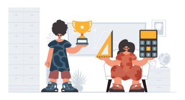 Önde gelen okul deneklerini göz önünde bulundurursak, enerjik bir bayan okul enstrümanı. Moda tarzı, Vektör İllüstrasyonu