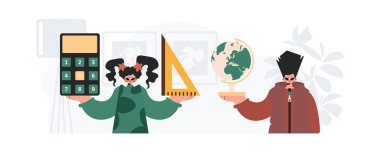 Erkek ve enerjik kadın okul enstrümanı. Moda tarzı, Vektör İllüstrasyonu