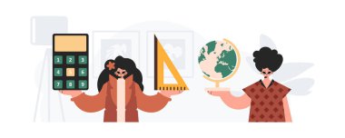 Erkek ve enerjik bayan okul enstrümanı. Moda tarzı, Vektör İllüstrasyonu