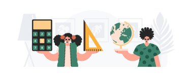 Oğlan ve genç bayan okul öğretmenleri. Moda tarzı, Vektör İllüstrasyonu