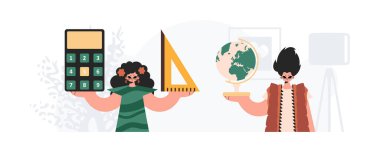 Erkek ve enerjik bayan okul enstrümanı. Moda tarzı, Vektör İllüstrasyonu