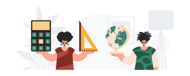 Erkek ve enerjik kadın okul enstrümanı. Moda tarzı, Vektör İllüstrasyonu