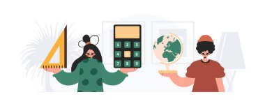 Erkek ve enerjik bayan okul enstrümanı. Moda tarzı, Vektör İllüstrasyonu