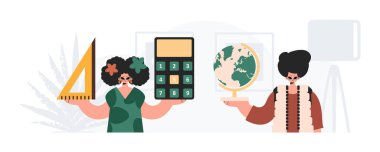 Erkek ve enerjik kadın okul enstrümanı. Moda tarzı, Vektör İllüstrasyonu