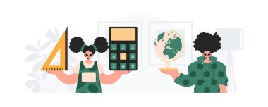 Erkek ve enerjik bayan okul enstrümanı. Moda tarzı, Vektör İllüstrasyonu