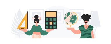 Erkek ve enerjik kadın okul enstrümanı. Moda tarzı, Vektör İllüstrasyonu