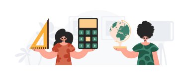 Erkek ve genç kadın okulları eğitir. Moda tarzı, Vektör İllüstrasyonu