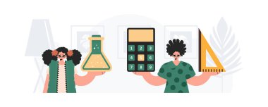 Erkek ve genç bayan okulu öğretmenleri. Moda tarzı, Vektör İllüstrasyonu