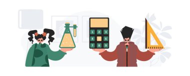 Oğlan ve genç kadın okulu eğitimleri. Moda tarzı, Vektör İllüstrasyonu