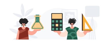 Erkek ve heyecanlı bayan okul enstrümanı. Moda tarzı, Vektör İllüstrasyonu