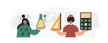 Erkek ve enerjik bayan okul enstrümanı. Moda tarzı, Vektör İllüstrasyonu