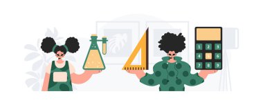 Erkek ve enerjik kadın okul enstrümanı. Moda tarzı, Vektör İllüstrasyonu