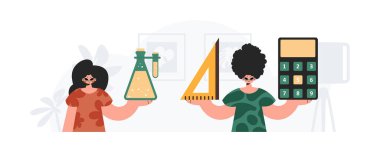 Erkek ve enerjik bayan okul enstrümanı. Moda tarzı, Vektör İllüstrasyonu