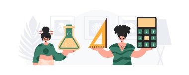 Erkek ve enerjik bayan okul enstrümanı. Moda tarzı, Vektör İllüstrasyonu