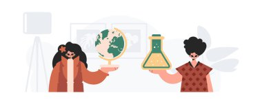 Erkek ve enerjik kadın okul enstrümanı. Moda tarzı, Vektör İllüstrasyonu