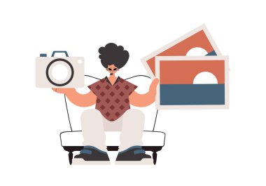 Bireyin elinde bir kamera ve fotoğraflar var. Beyazlar tarafından izole edilmiş. Moda tarzı, Vektör İllüstrasyonu