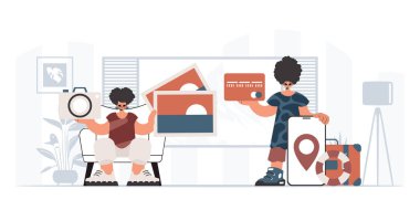 Şahıs ve su basan kadın seyahate çıkıyorlar. Dinlenme ve seyahat kavramı. Moda tarzı, Vektör İllüstrasyonu