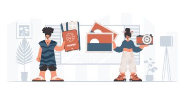 Şahıs ve su basan kadın seyahate çıkıyorlar. Dinlenme ve seyahat kavramı. Moda tarzı, Vektör İllüstrasyonu