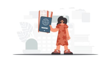 Sel baskını yapan kadının elinde vize var ve biletlere bakıyor. Dinlenme ve seyahat kavramı. Moda tarzı, Vektör İllüstrasyonu