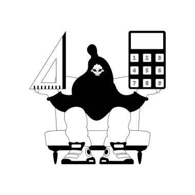 Hesap makinesi ve cetvelle enerji dolu bir kadın. Öğrenme noktası. Dim ve beyaz hat işçiliği. Moda tarzı, Vektör İllüstrasyonu