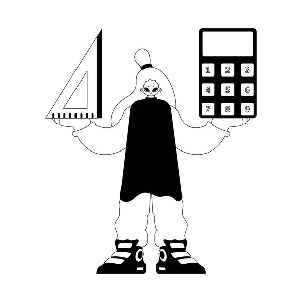 Стремительная Женщина Калькулятором Линейкой Учебный Пункт Дима Белая Линия Сумасшествия — стоковый вектор