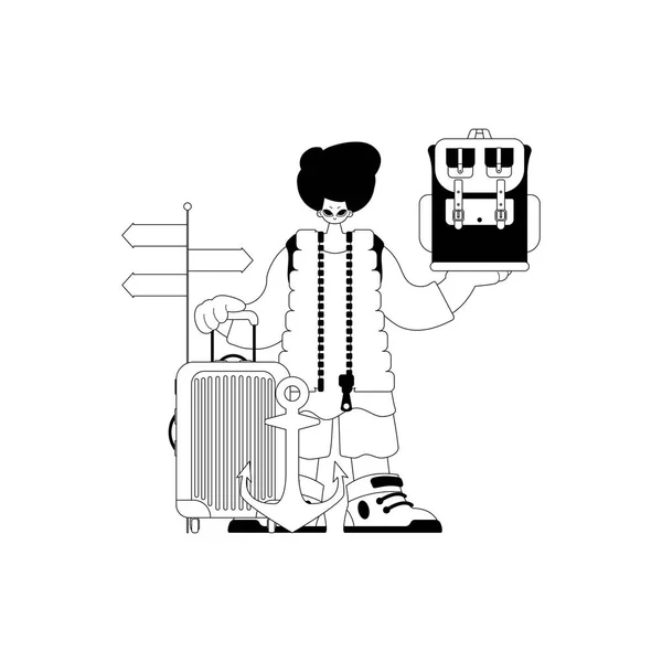 一个手里拿着旅行袋的人 旅游主题 苦恼与白线 流行风格 矢量图解 — 图库矢量图片