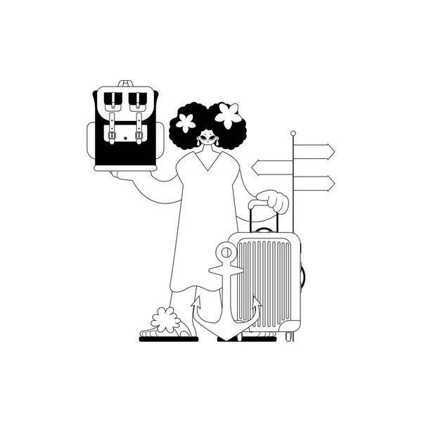 旅行者のリュックサックを手にした優秀な女性 観光地 薄明色と白色の線形 トレンディーなスタイル ベクトルイラスト — ストックベクタ
