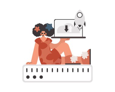 The flooding lady is holding a obliging workstation, which is synchronized with the information capacity. Kept. Trendy style, Vector Illustration clipart