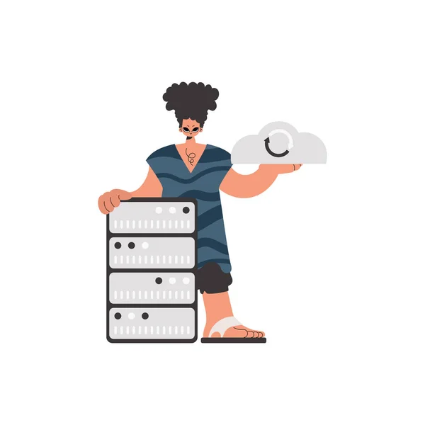 stock vector The boy is holding a data cloud and a server. Kept. Trendy style, Vector Illustration