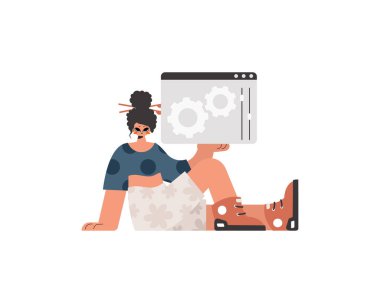 Enerjik bayan vitesli bir tarayıcı penceresi tutuyor. SEO ve web analiz konusu. Kısıtlı. Moda tarzı, Vektör İllüstrasyonu