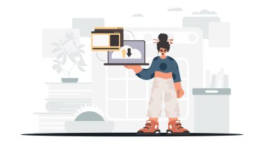 Enerjili kadın, veri kapasitesiyle senkronize edilmiş bir tablet tutuyor. Moda tarzı, Vektör İllüstrasyonu