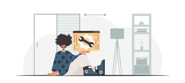 Bireyin elinde vitesli bir tarayıcı penceresi var. SEO ve web analiz konusu. Moda tarzı, Vektör İllüstrasyonu