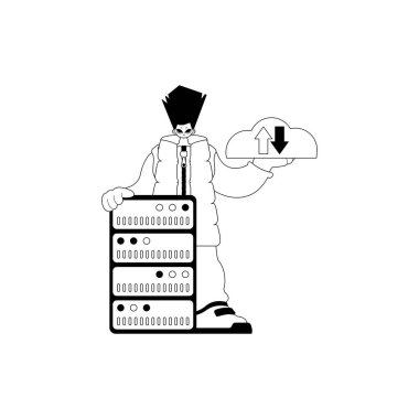 man and server . obscure repositing composition . black and white transmit art. Trendy style, Vector Illustration clipart