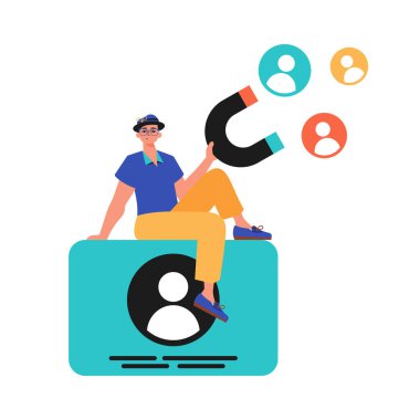 Adamın elinde teması çeken bir çekim gücü var. Moda tarzı, Vektör İllüstrasyonu