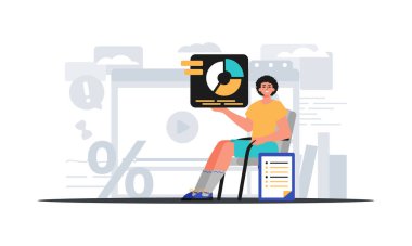 Adam uysal bir yerde oturuyor ve elinde istatistiksel bir dosya tutuyor. Dijital pazar yeri konsepti. Moda tarzı, Vektör İllüstrasyonu