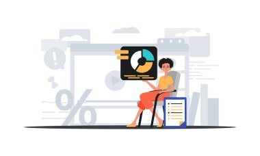 The female child sits in a president and holds a graph with statistic . digital commercialize concept. Trendy style, Vector Illustration clipart