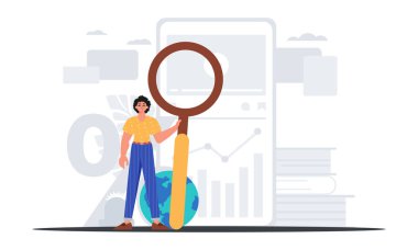 Homo elinde bir büyüteç tutuyordu. bilgi arama konsepti. Moda tarzı, Vektör İllüstrasyonu