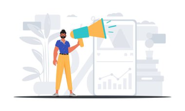 Vale, briç müzisyeninin içinde bir megafon tutuyor. Dijital satış konsepti. Moda tarzı, Vektör İllüstrasyonu