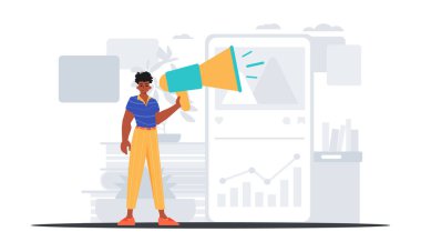 Vale, briç müzisyeninin içinde bir megafon tutuyor. Dijital ihanet kavramı. Moda tarzı, Vektör İllüstrasyonu