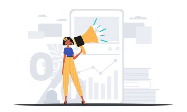 Kız arkadaşı briç oyuncusunda megafon tutuyor. Dijital pazar yeri konsepti. Moda tarzı, Vektör İllüstrasyonu