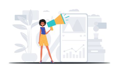 Kız arkadaşı briç oyuncusunda megafon tutuyor. Dijital pazar yeri konsepti. Moda tarzı, Vektör İllüstrasyonu