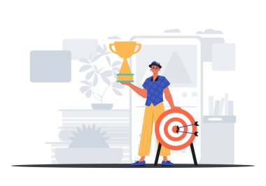 Dünya, başarılının kadehini evcil çekiminde tutar. başarılı konsept. Moda tarzı, Vektör İllüstrasyonu